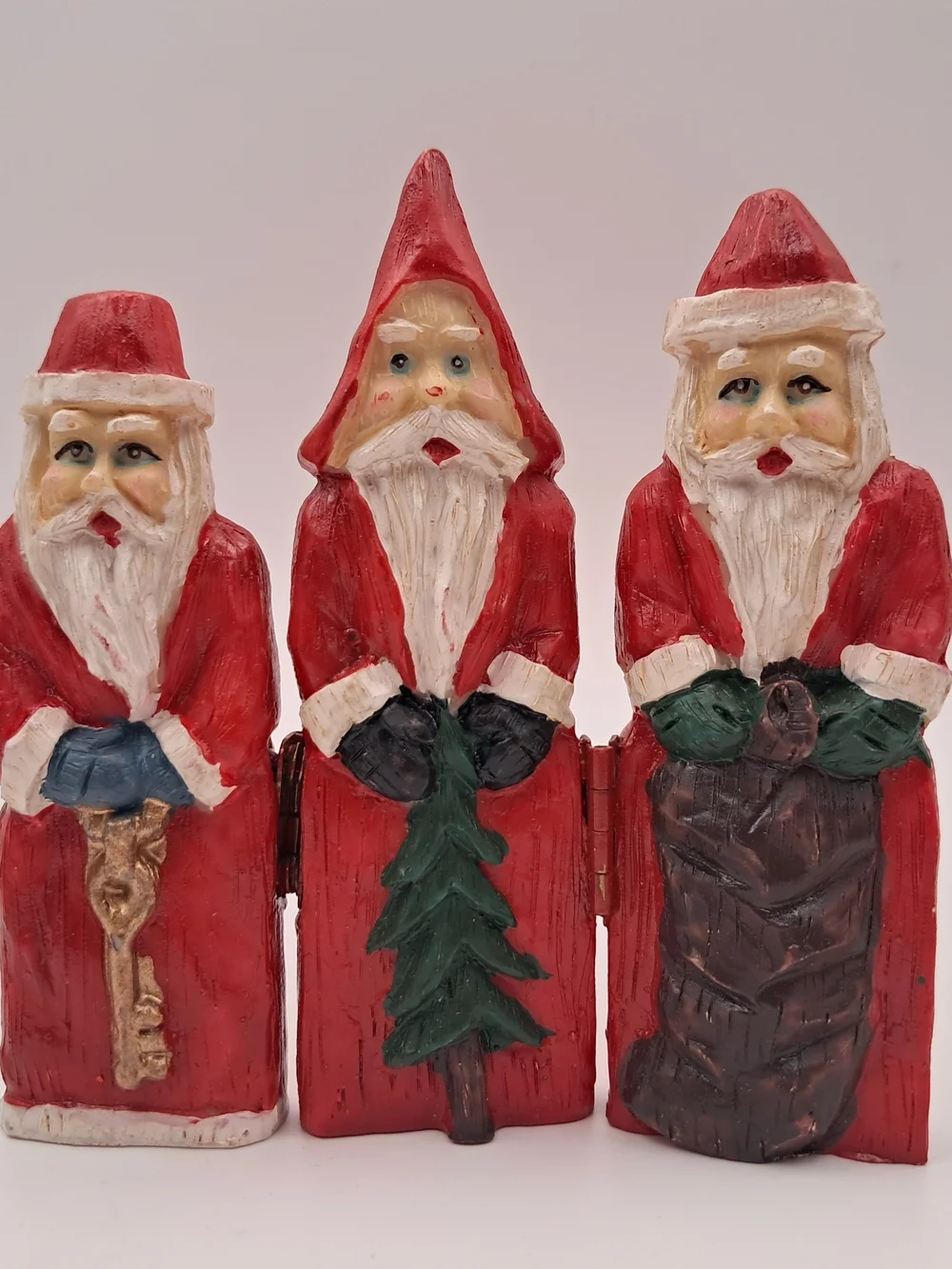 ​Vintage Hand Painted Santa Triptych Hinged Wooden Figurine Set Signed Becky 97